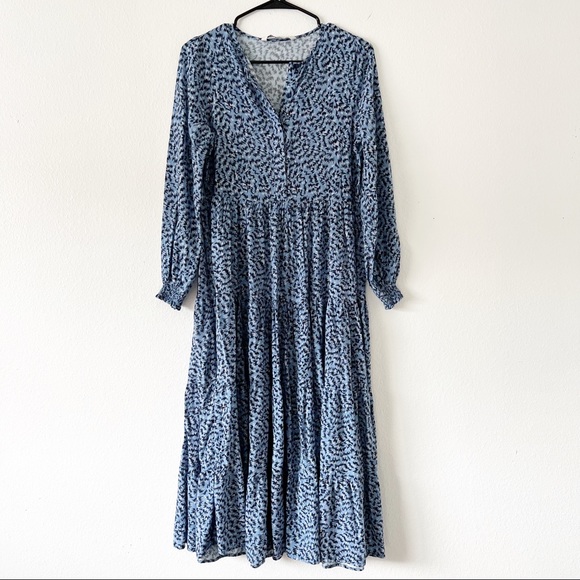 Zara blue printed midi tiered long sleeve dress blogger fav size small - Picture 2 of 8